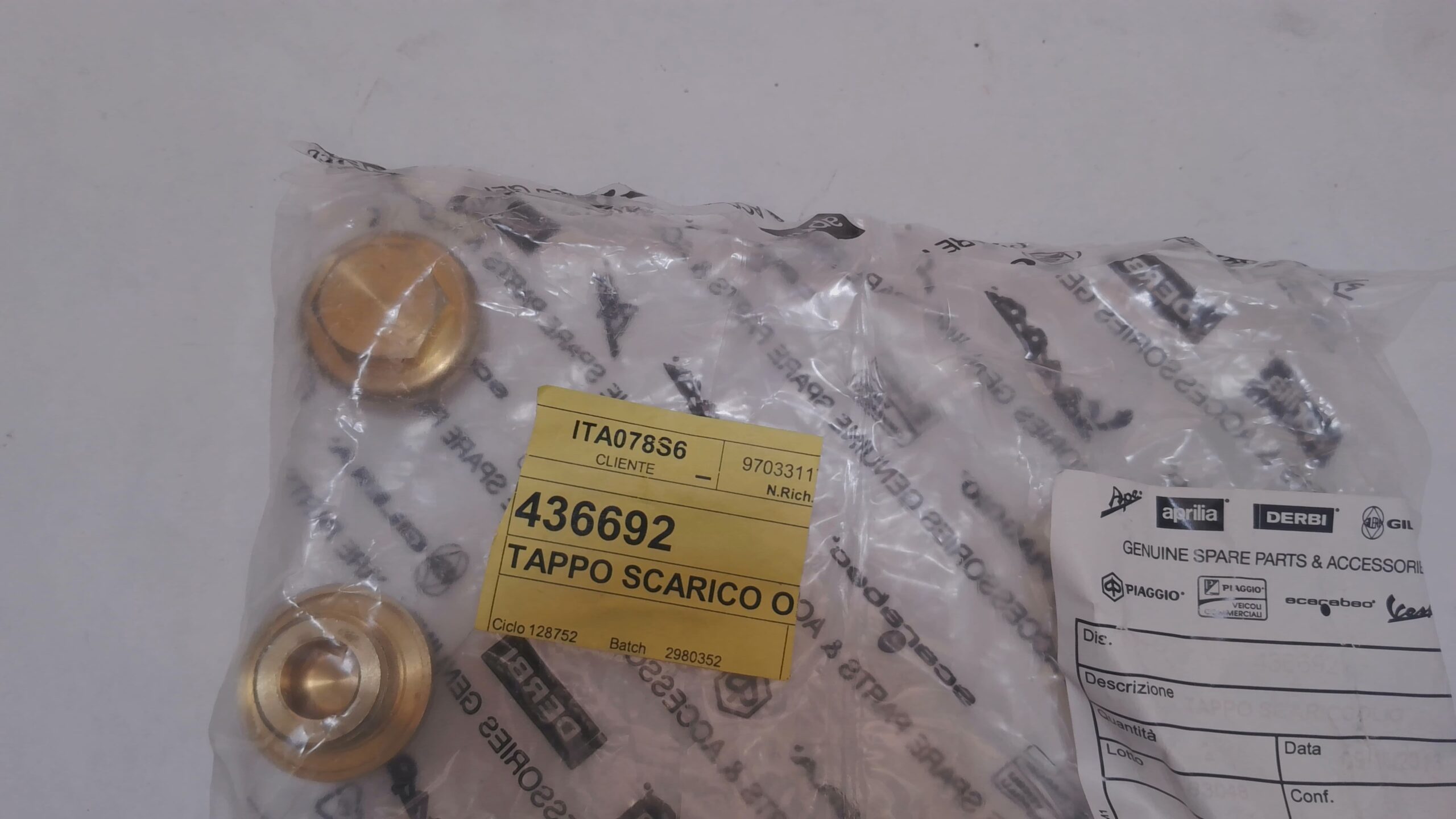 TAPPO SCARICO OLIO PIAGGIO 436692