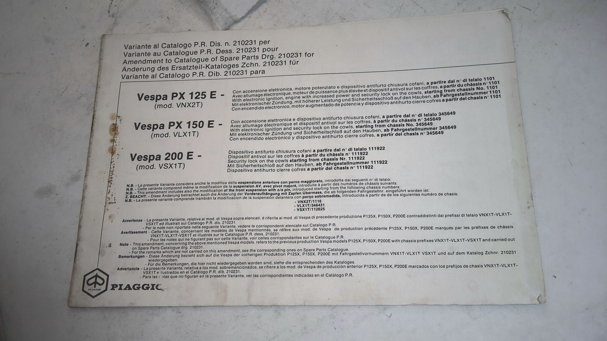 VARIANTE CATALOGO PARTI DI RICAMBIO VESPA PIAGGIO 210231