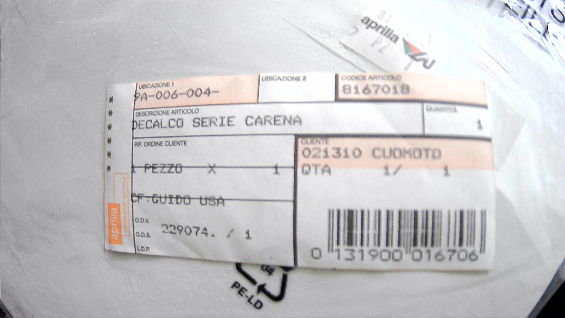 DECALCO-SERIE CARENA RS 125 APRILIA AP8167018 - immagine 2